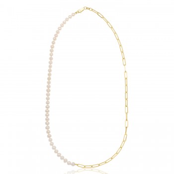 Freshwater Pearl & Paperclip Link Necklace 14K Yellow Gold (5mm)