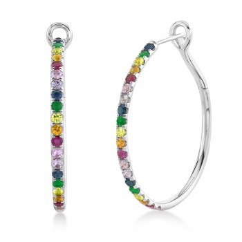 Multi-Color Sapphire Pave Hoop Earrings 14k White Gold (1.9ct)