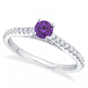 Round Amethyst Solitaire & Diamond Engagement Ring 14K White Gold (0.67ct)