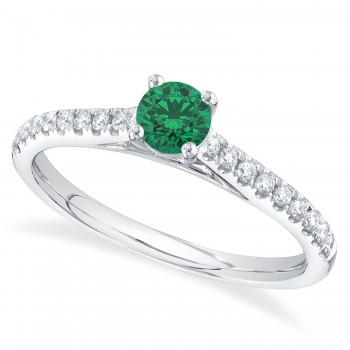 Round Emerald Solitaire & Diamond Engagement Ring 14K White Gold (0.66ct)