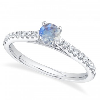 Round Moonstone & Diamond Engagement Ring 14K White Gold (0.59ct)