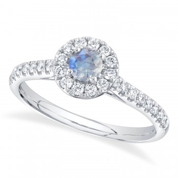 Round Moonstone & Diamond Engagement Ring 14K White Gold (0.62ct)