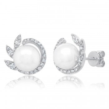 Diamond & Cultured Pearl Stud Earrings 14K White Gold (0.42ct)