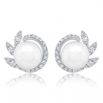 Diamond & Cultured Pearl Stud Earrings 14K White Gold (0.42ct)