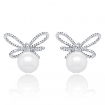 Diamond & Cultured Pearl Bow Stud Earrings 14K White Gold (0.47ct)
