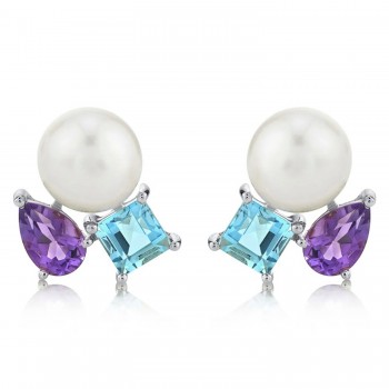 Cultured Pearl & Amethyst Blue Topaz Stud Earrings 14K White Gold (1.57ct)