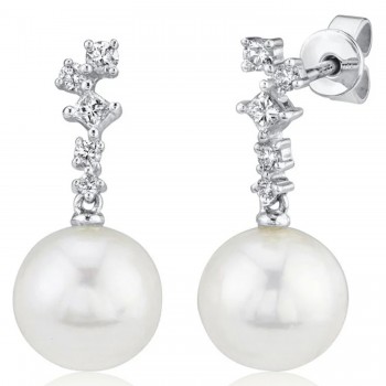 Diamond & Cultured Pearl Dangling Earrings 14K White Gold (0.22ct)