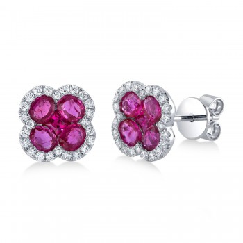 Diamond & Ruby Clover Stud Earrings 14K White Gold (2.36ct)