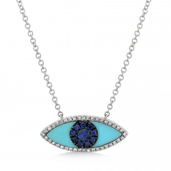 Turquoise & Blue Sapphire & Diamond Evil Eye Pendant Necklace 14k White Gold (0.74ct)