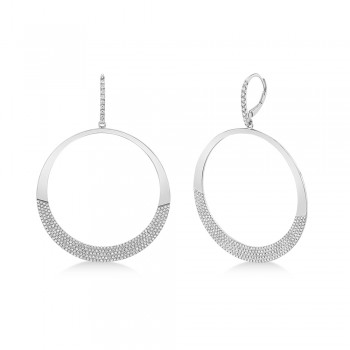 Diamond Pave Circle Huggie Drop Earrings 14k White Gold (1.37ct)