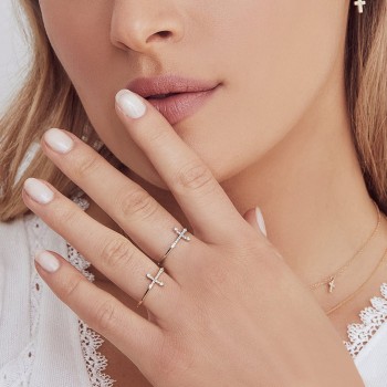 Diamond Accented Horizontal Cross Ring 14k Yellow Gold (0.09ct)