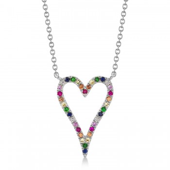 Diamond & Multi-Color Pave Heart Pendant necklace in 14K White Gold (0.22ct)