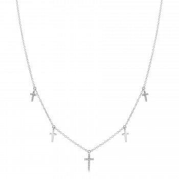 Diamond Accented Cross Dangle Station Necklace 14k White Gold (0.09ct)