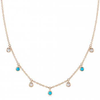 Diamond & Turquoise Station Necklace 14K Rose Gold (0.22ct)