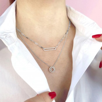 Diamond & Cultured Pearl Circle Pendant Necklace 14K White Gold (0.05ct)