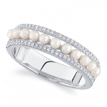 Diamond & Cultured Pearl Band Ring 14K White Gold (0.14ct)