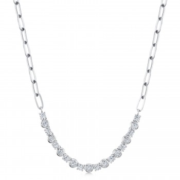 Diamond Round Bezel Pendant Necklace in Paper Clip Link 14K White Gold (1.64ct)