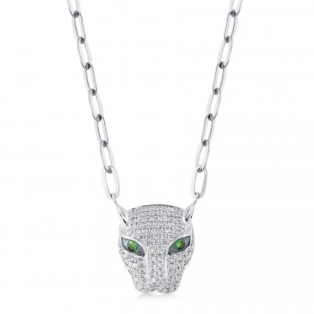 Diamond & Green Garnet Panther Paper Clip Pendant Necklace 14K White Gold (0.56ct)