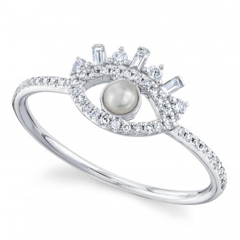 Diamond & Cultured Pearl Eye Ring 14K White Gold (0.20ct)
