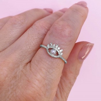 Diamond & Cultured Pearl Eye Ring 14K White Gold (0.20ct)