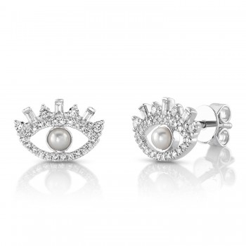 Diamond & Cultured Pearl Eye Stud Earrings 14K White Gold (0.31ct)