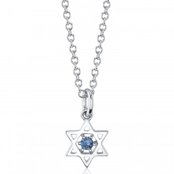 Blue Sapphire Jewish Star of David Petite Pendant Necklace 14K White Gold (0.03ct)