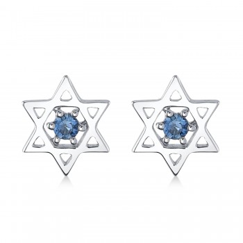 Blue Sapphire Jewish Star of David Petite Stud Earrings 14K White Gold (0.03ct)
