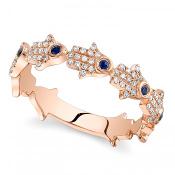 Diamond & Blue Sapphire Hamsa Ring 14K Rose Gold (0.24ct)