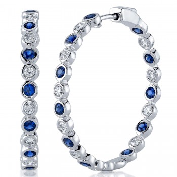 Blue Sapphire & Diamond Hoop Earrings 14K White Gold (2.23ct)