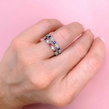 Blue Sapphire & Diamond Bezel Ring Band 14K White Gold (.48ct)