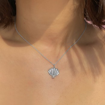 Cultured Pearl Shell Pendant Necklace 14K White Gold (3.5mm)