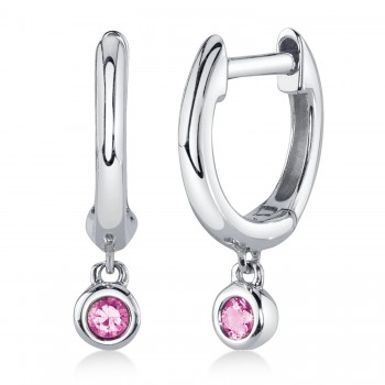 Round Pink Sapphire Bezel Huggie Earrings 14K White Gold (0.08ct)