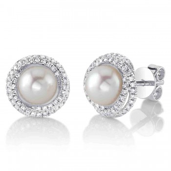 Diamond & Cultured Pearl Stud Halo Earrings 14K White Gold (0.26ct)