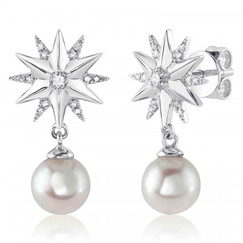 Diamond & Cultured Pearl Star Dangling Earrings 14K White Gold (0.11ct)