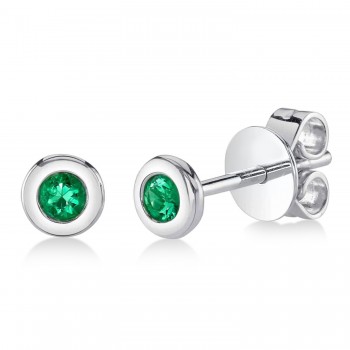 Round Emerald Bezel Stud Earrings 14K White Gold (0.08ct)