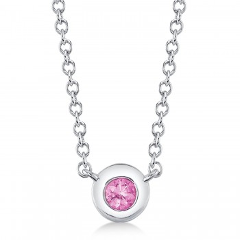 Round Pink Sapphire Bezel Pendant Necklace 14K White Gold (0.07ct)