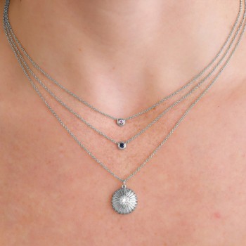 Round Pink Sapphire Bezel Pendant Necklace 14K White Gold (0.07ct)