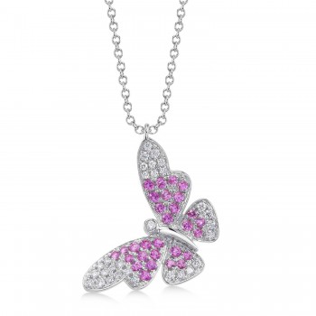 Pink Sapphire & Diamond Butterfly Pendant Necklace 14K White Gold (0.55ct)