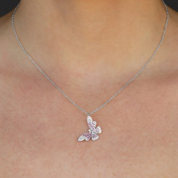 Pink Sapphire & Diamond Butterfly Pendant Necklace 14K White Gold (0.55ct)