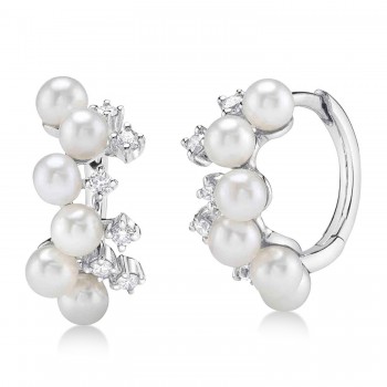 Cultured Pearl & Diamond Huggie Earrings 14K White Gold (0.17ct)
