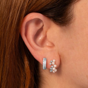 Cultured Pearl & Diamond Huggie Earrings 14K White Gold (0.17ct)