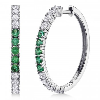 Emerald & Diamond Hoop Earrings 14K White Gold (1.41ct)