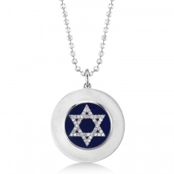 Lapis & Diamond Jewish Star of David Disc Pendant Necklace 14K White Gold (2.59ct)