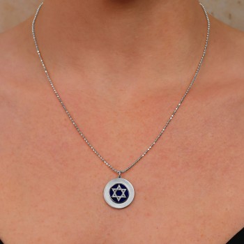 Lapis & Diamond Jewish Star of David Disc Pendant Necklace 14K White Gold (2.59ct)