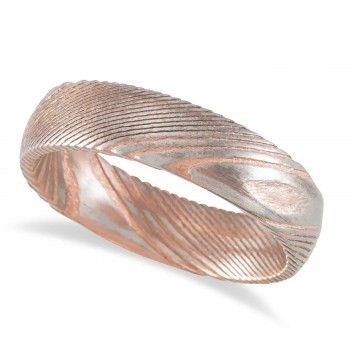 Damascus Steel Half Round Patterned Wedding Band 18K Rose Gold PVD (6mm)