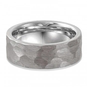 Hammered Finish Wedding Ring Band 18K White Gold PVD Tungsten (8mm)
