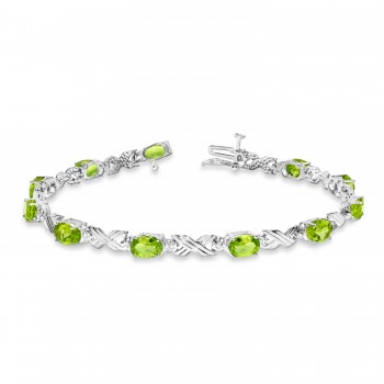 Lab Peridot & Lab Grown Diamond XOXO Link Bracelet in 14k White Gold (6.65ct)