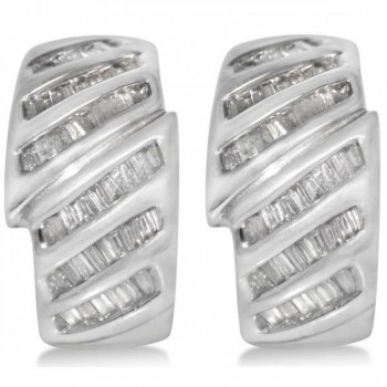 Diamond Accented Baguette Huggie Earrings in 14k White Gold (1.25ct)