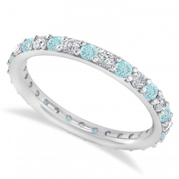 Diamond & Aquamarine Eternity Wedding Band 14k White Gold (0.87ct)