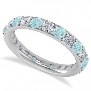 Diamond & Aquamarine Eternity Wedding Band 14k White Gold (2.00ct)